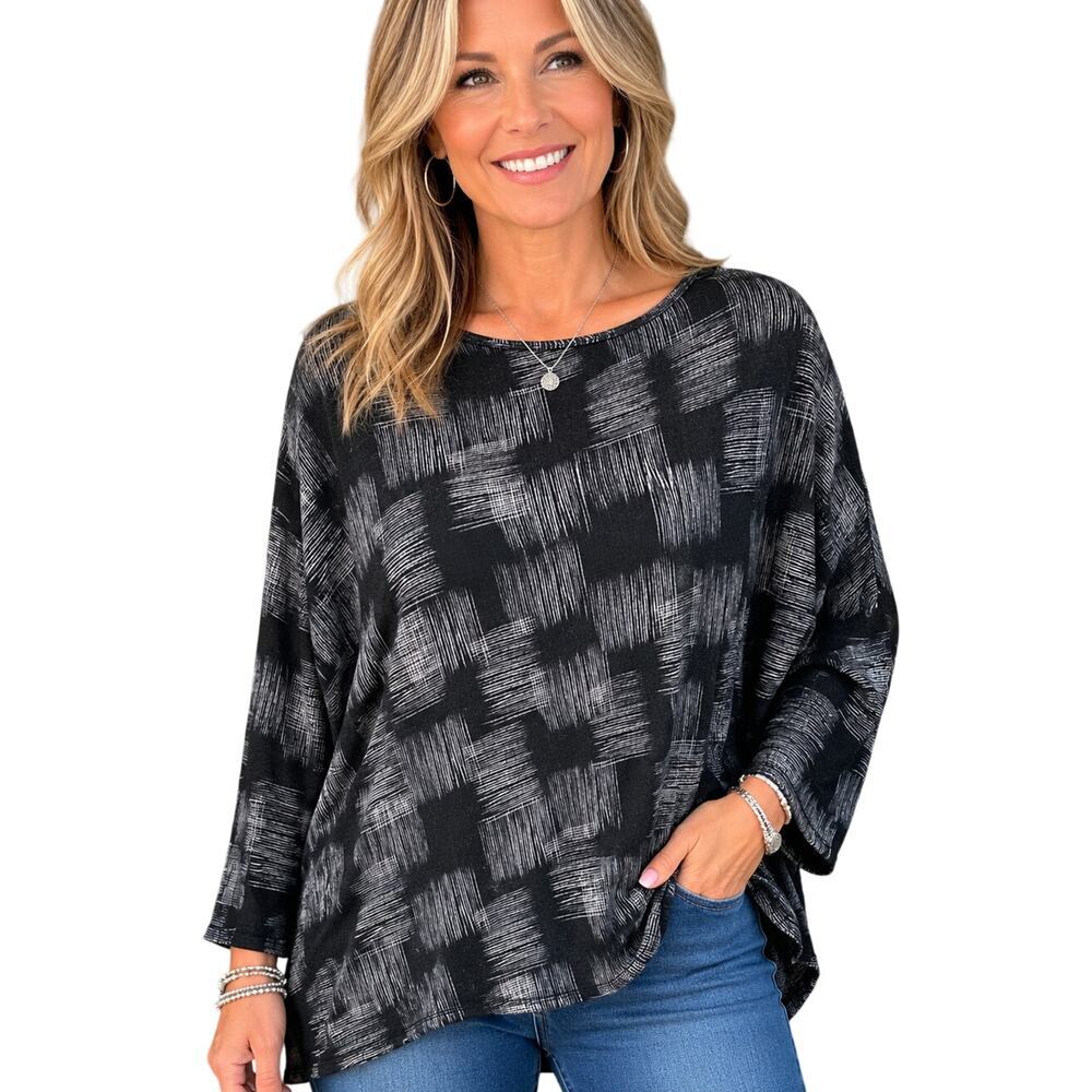 Clara Sun Woo sz XL asymmetrical slub black grey geometric knit stretch top
